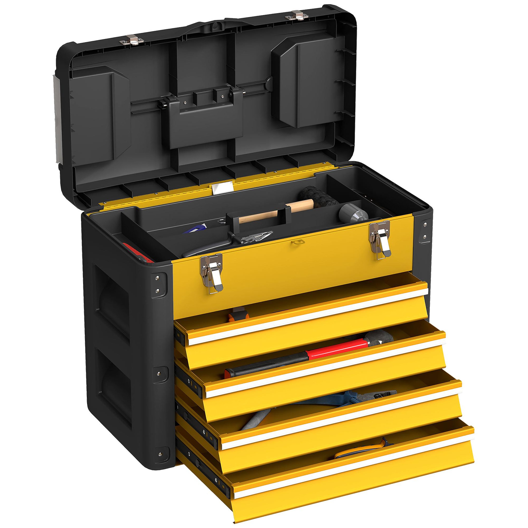 HOMCOM Boîte à outils 4 tiroirs plateau amovible 2 boites visserie acier pp noir jaune
