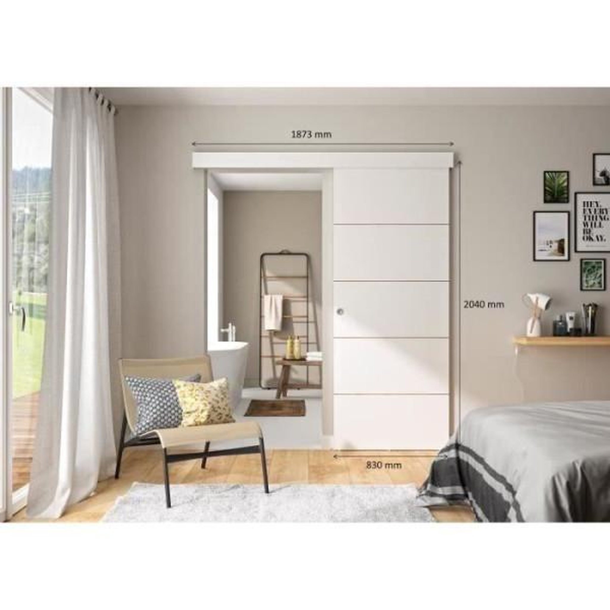 Voir la diapositive 2 : OPTIMUM Optimum - kit porte coulissante + rail + bandeau atelier - h.204xl.83xp.4 cm - blanche lignée