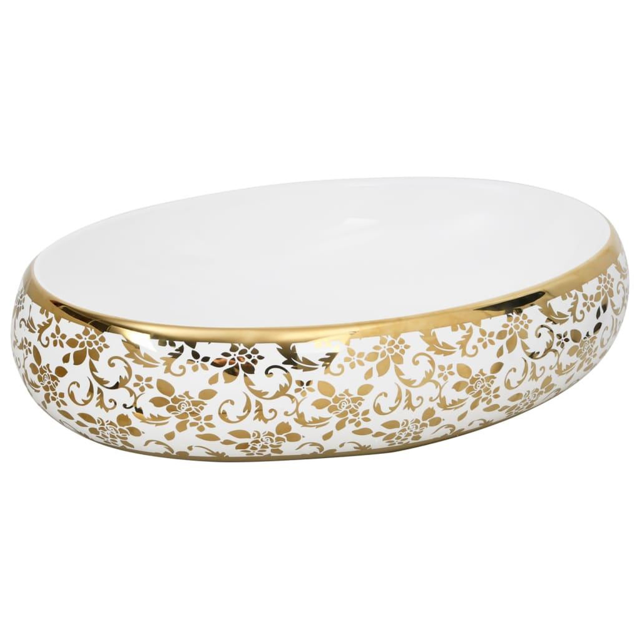 Voir la diapositive 2 : VIDAXL Vasque a poser blanc et dore ovale 59x40x15 cm ceramique
