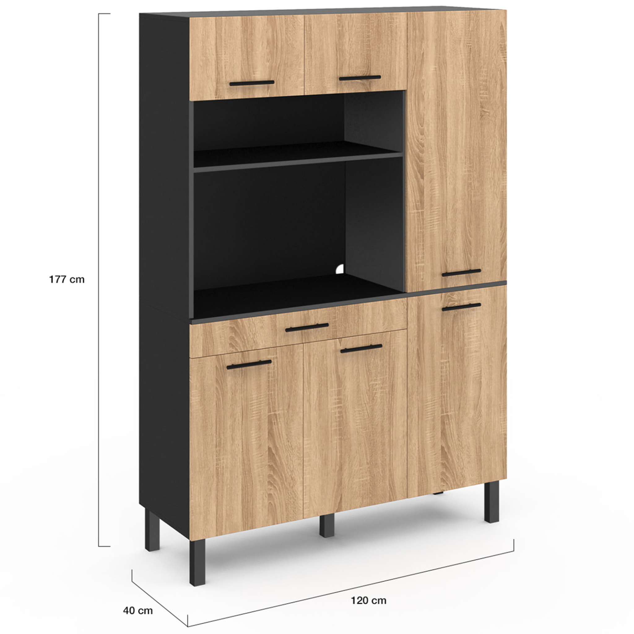 Voir la diapositive 5 : ID MARKET Buffet de cuisine avec colonne de rangement 120 cm cina 6 portes + tiroir noir et façon hêtre