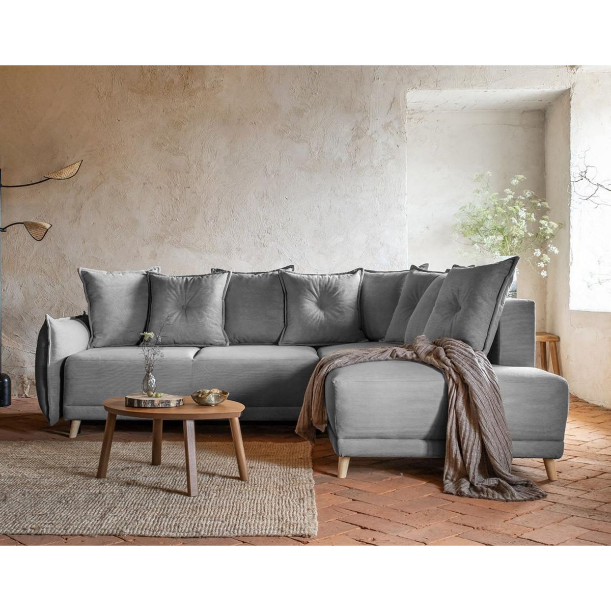 BEST MOBILIER Lena - canapé d'angle droit 5 places - convertible avec coffre - en velours côtelé