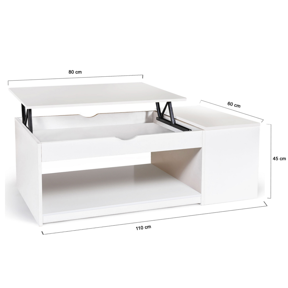 ID MARKET Table basse plateau relevable rectangulaire ELEA avec coffre bois blanc