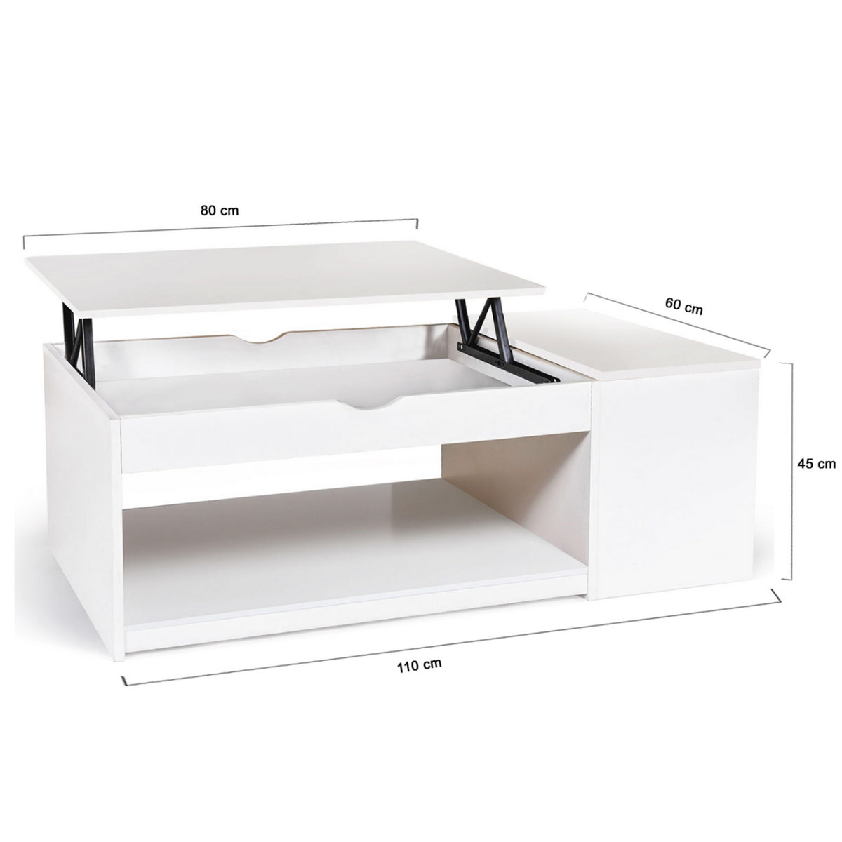 ID MARKET Table basse plateau relevable rectangulaire ELEA avec coffre bois blanc