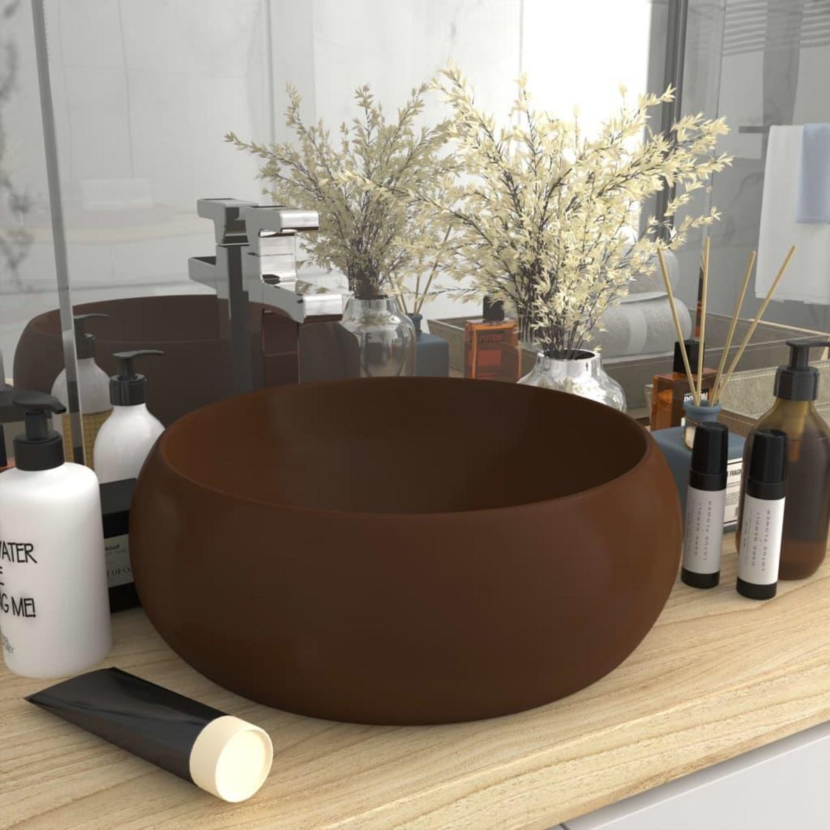 VIDAXL Lavabo rond de luxe Marron fonce mat 40x15 cm Ceramique