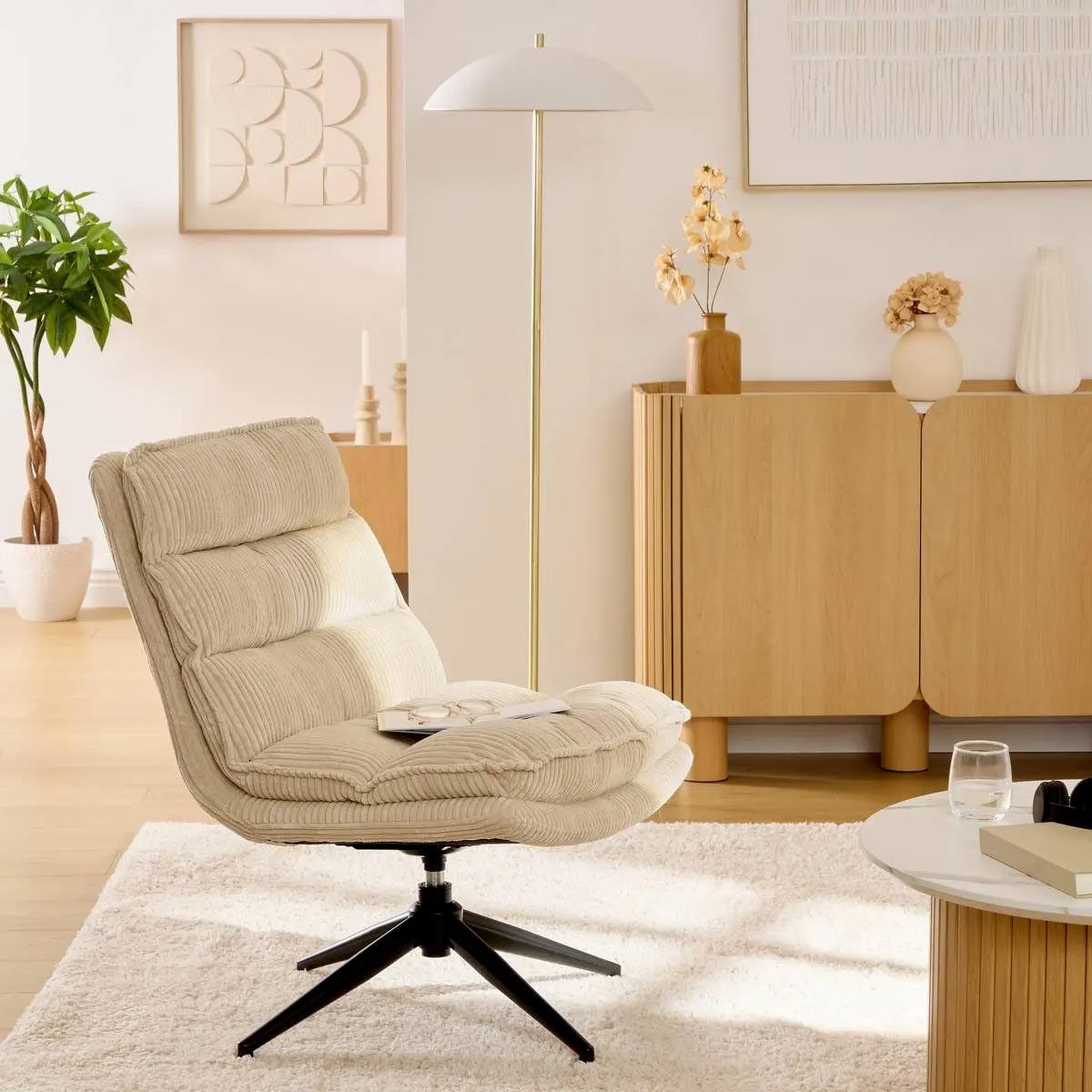 Voir la diapositive 3 : ATMOSPHERA Fauteuil pivotant côtelé  harper  87cm beige