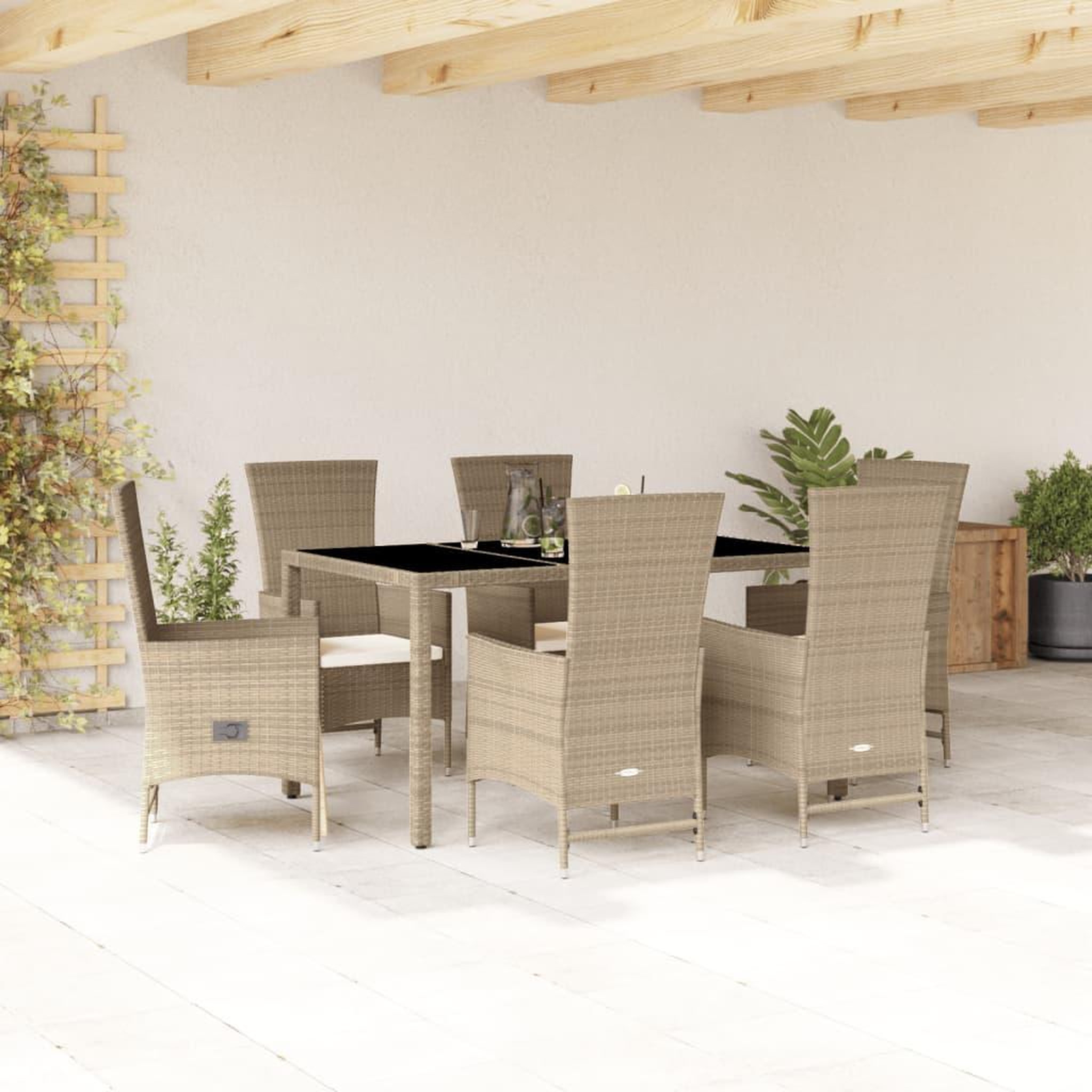 VIDAXL Ensemble a manger de jardin et coussins 7 pcs beige poly rotin