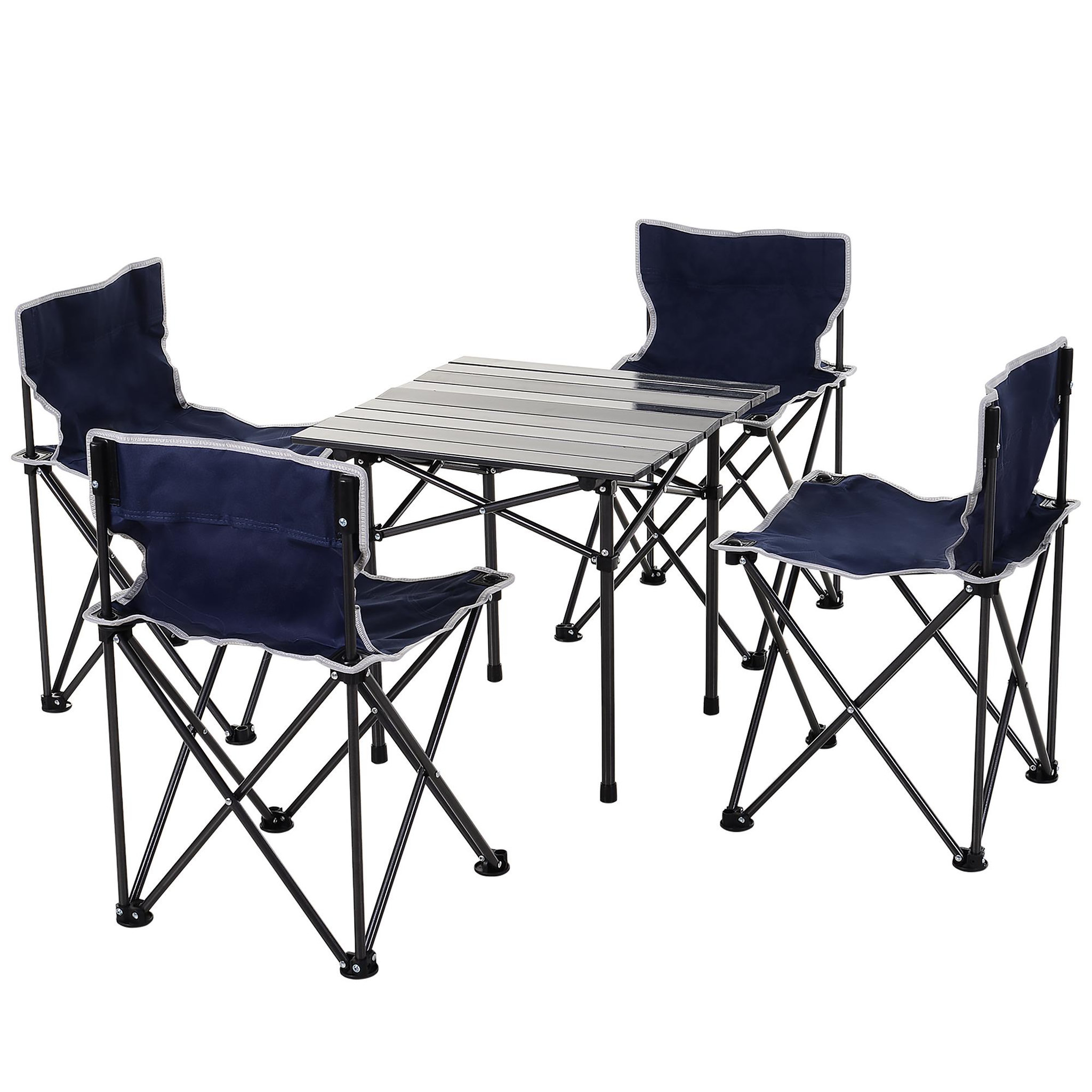 Voir la diapositive 1 : OUTSUNNY Table de camping + 4 chaises + sac de transport - pliant léger petit portable - pour pique-nique, festival, barbecue, randonnée, pêche - acier alu. noir Oxford bleu