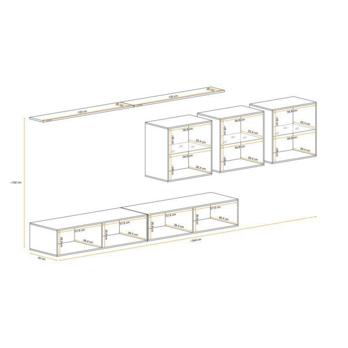 Paris Prix Meuble TV Mural Design  Switch XVII  340cm Gris & Naturel