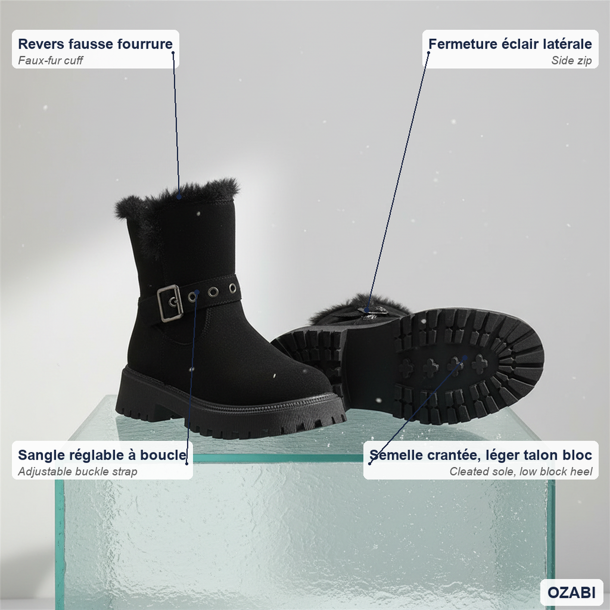 Voir la diapositive 4 : OZABI Ozabi bottines fourrées femme suédine zip et sangle semelle crantée