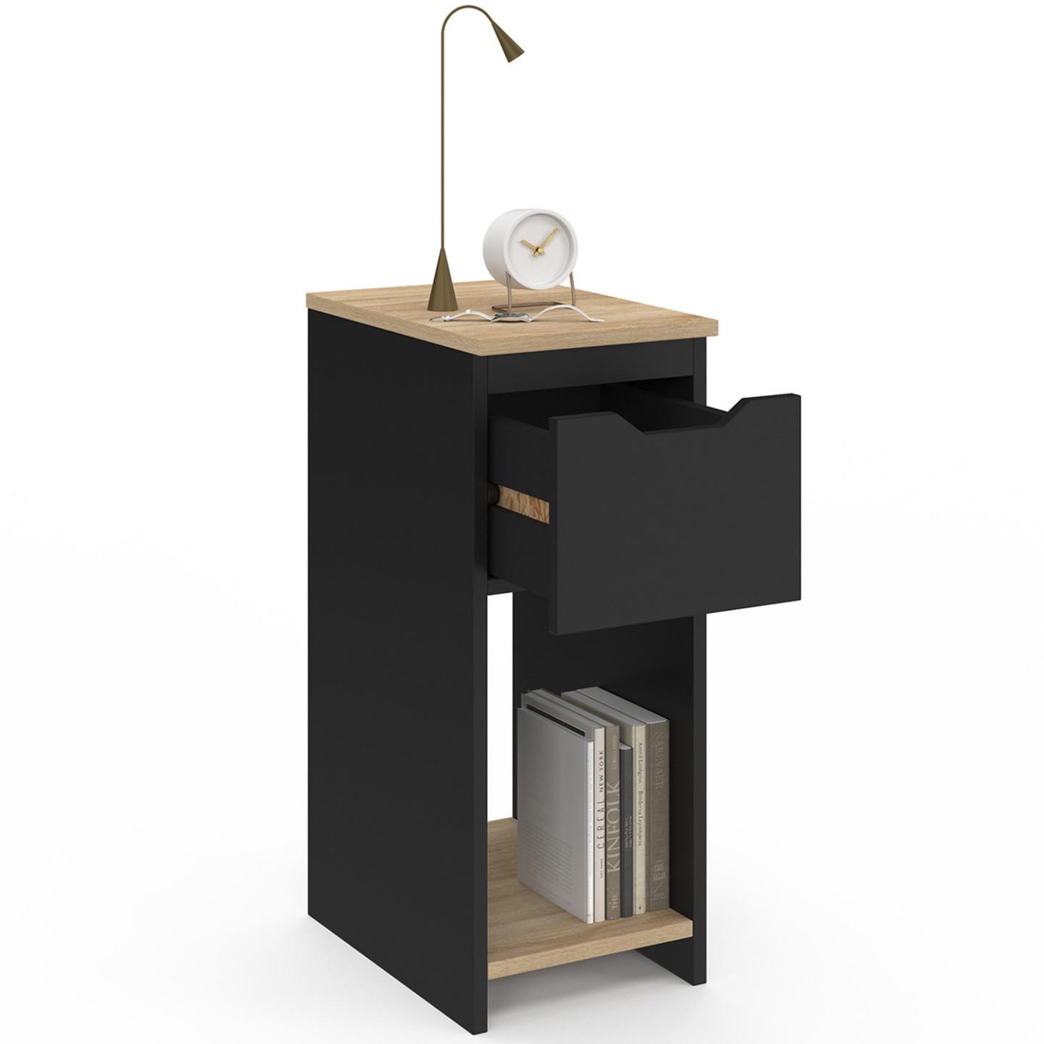 Voir la diapositive 6 : ID MARKET Lot de 2 tables de chevet étroites anouk 1 tiroir avec niche noir et bois
