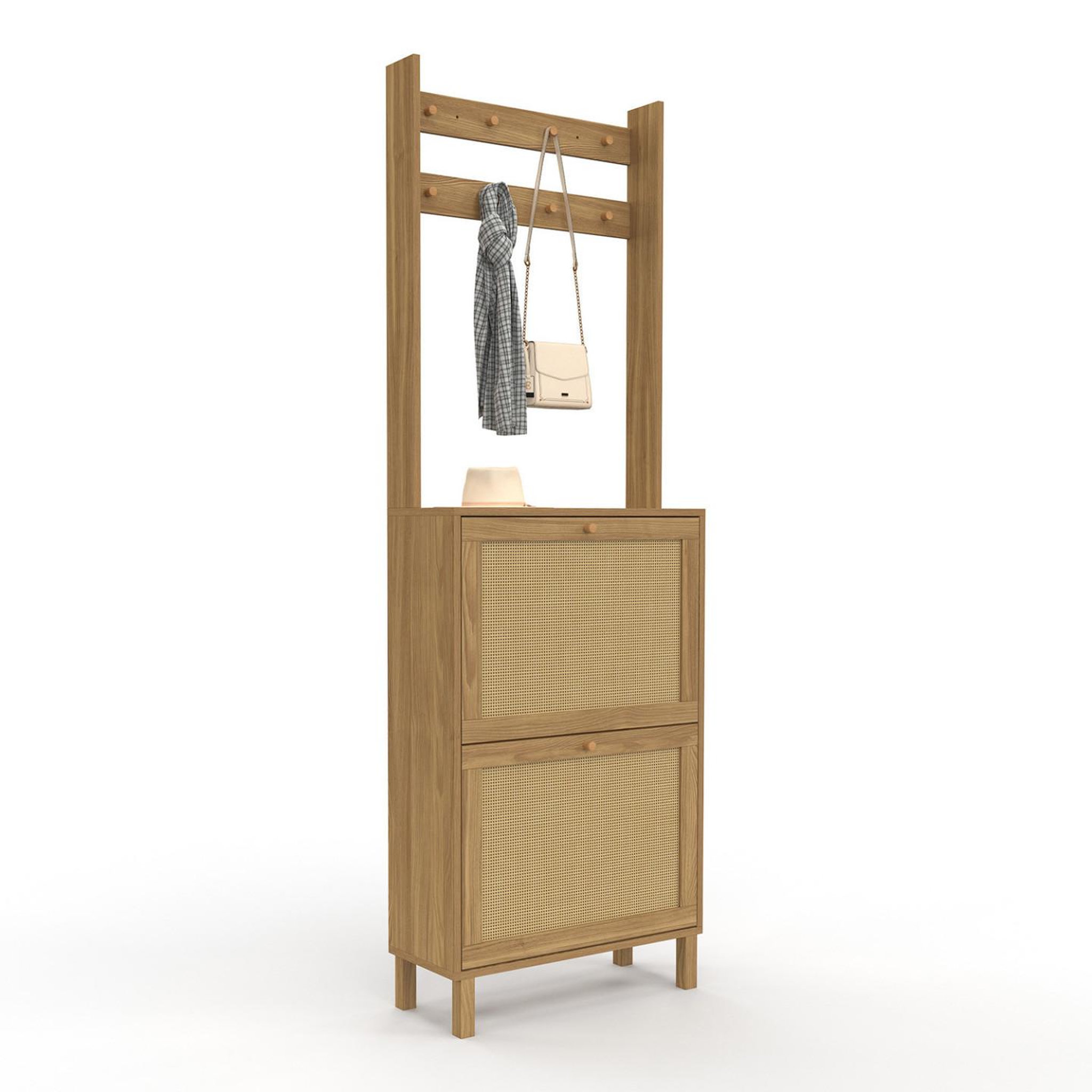 ID MARKET Vestiaire d'entrée HANAE meuble chaussures 2 portes effet naturel cannage