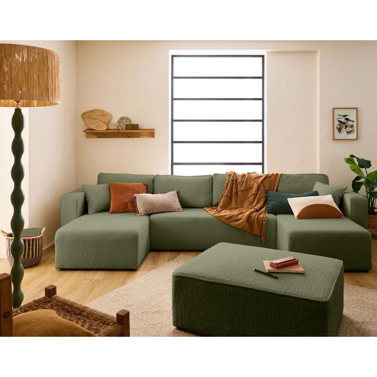 BEST MOBILIER Topaze - canapé panoramique en u - 7 places - convertible avec coffre - en tissu bouclette