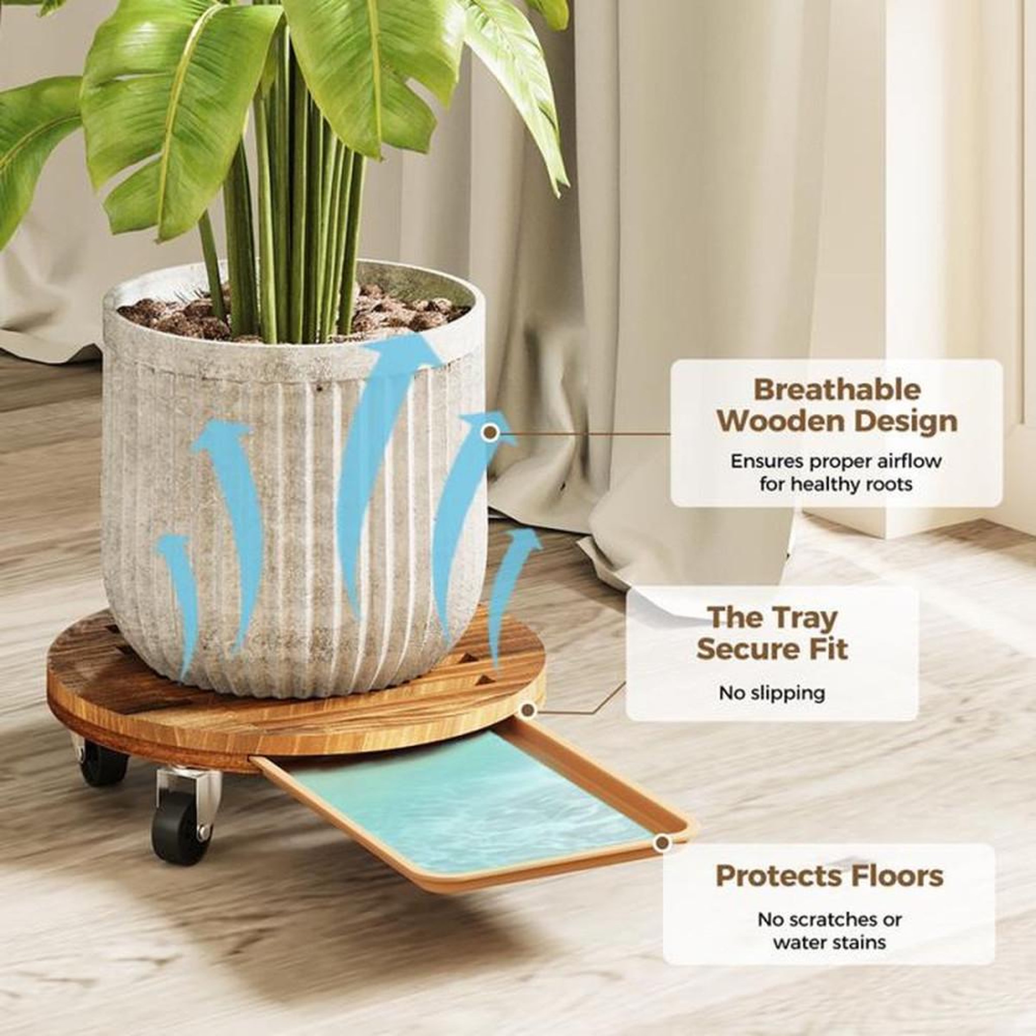 Voir la diapositive 5 : Set de 2 supports de plantes en bois renforcé avec roulettes silencieuses et freins, plateau Ø 30,5 cm