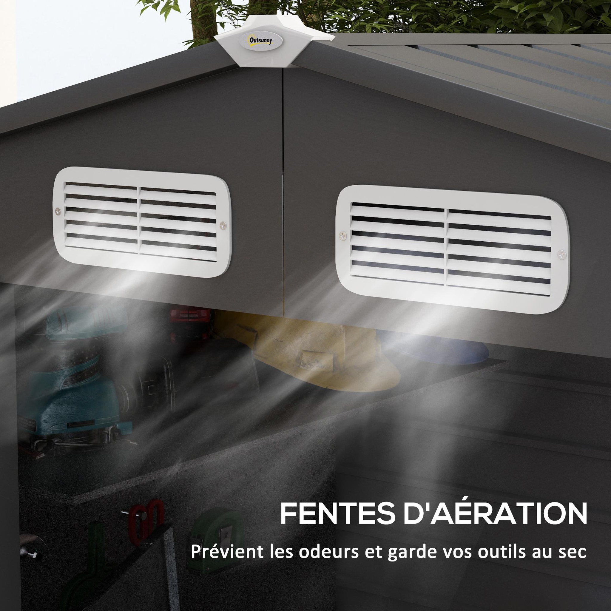 Voir la diapositive 5 : OUTSUNNY Abri de jardin cabanon dim. 190L x 131l x 188H cm porte verrouillable ventilations tôle acier ondulé gris