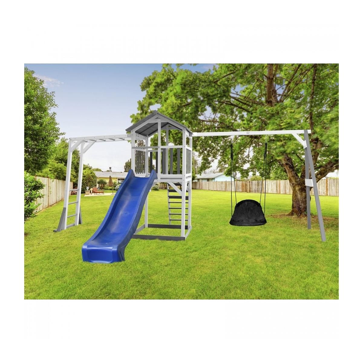 Axi House AXI Structure de jeu Beach Tower Gris Blanc  balancoire Nid ovale Roxy cadre escalade toboggan Bleu