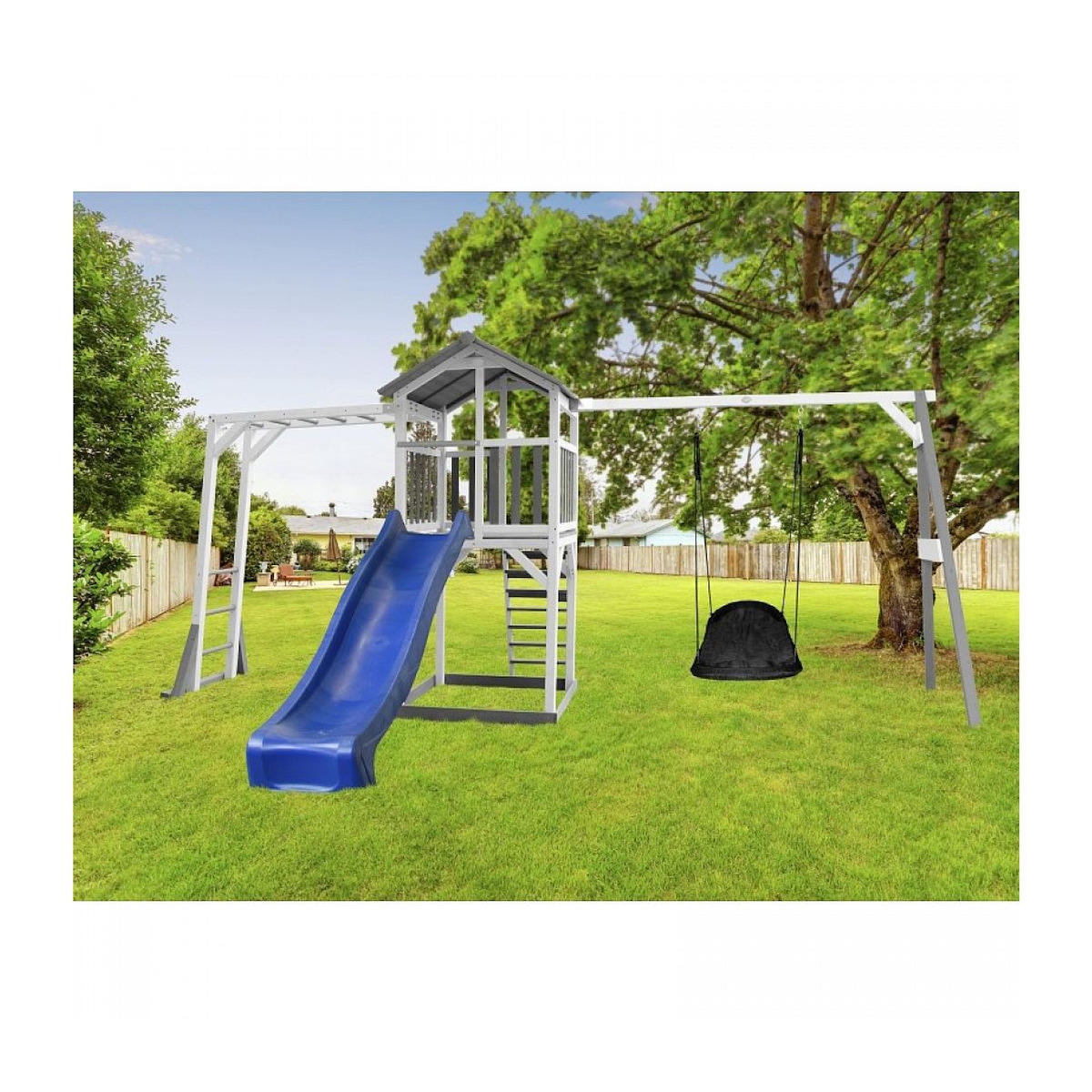 Axi House AXI Structure de jeu Beach Tower Gris Blanc  balancoire Nid ovale Roxy cadre escalade toboggan Bleu
