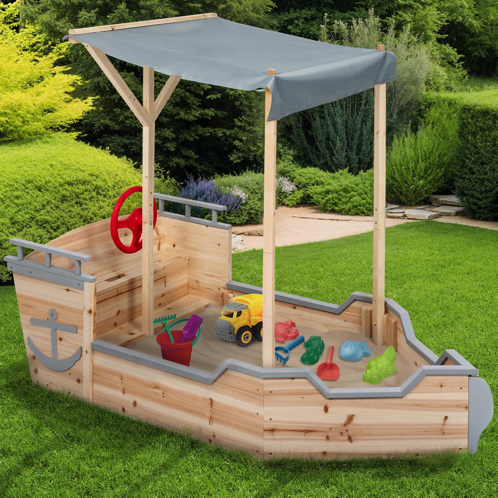 Voir la diapositive 2 : ID MARKET Bac à sable WORLD bois bateau de pirate avec banc coffre et toit gris