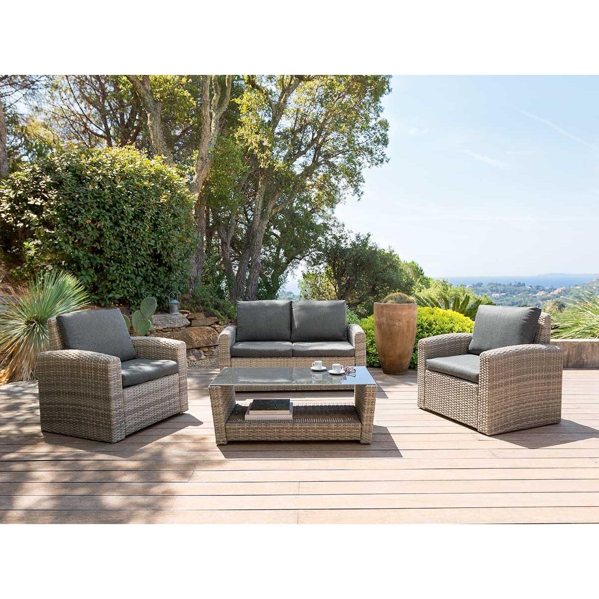 HESPERIDE Salon de jardin en résine tressée Polynésia Havane - 4 places - Hespéride