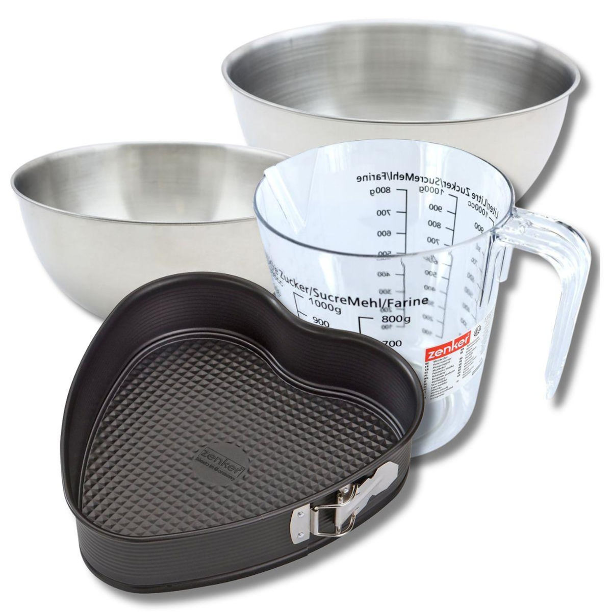 ZENKER Set pâtisserie avec moule à gâteau cœur 27 x 25 cm en acier, 2 bols à mixer, verre mesureur et spatule Zenker