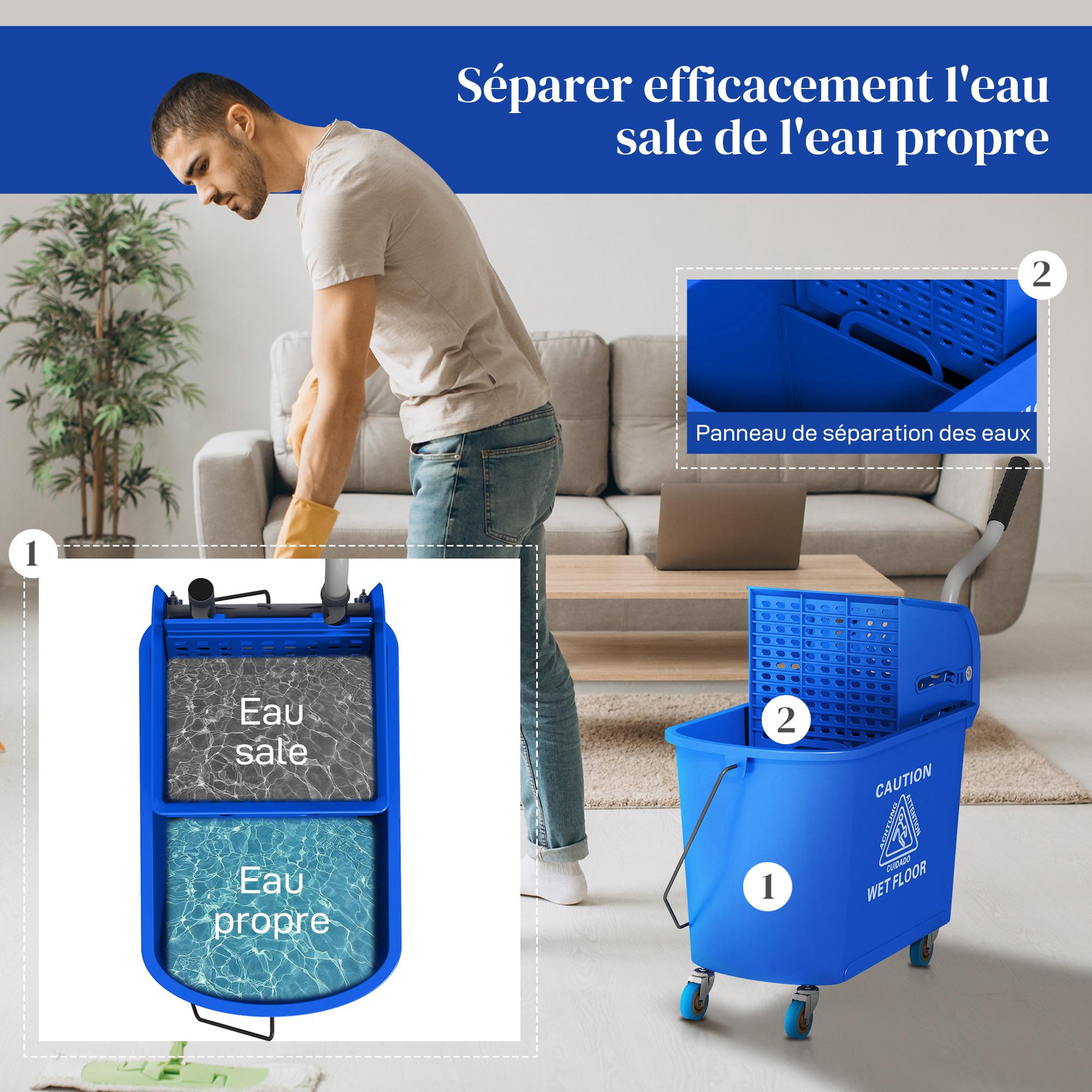 Voir la diapositive 4 : HOMCOM Chariot de nettoyage lavage seau de ménage 20 L avec essoreur et séparateur eau sale propre bleu
