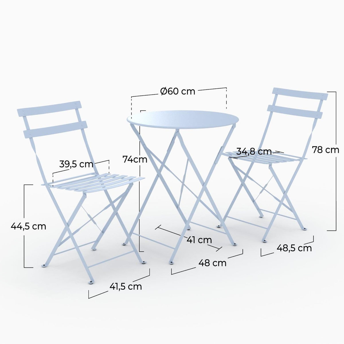 Rendez vous déco Table ronde et chaises de jardin pliantes 2 places en métal bleu-Kayla
