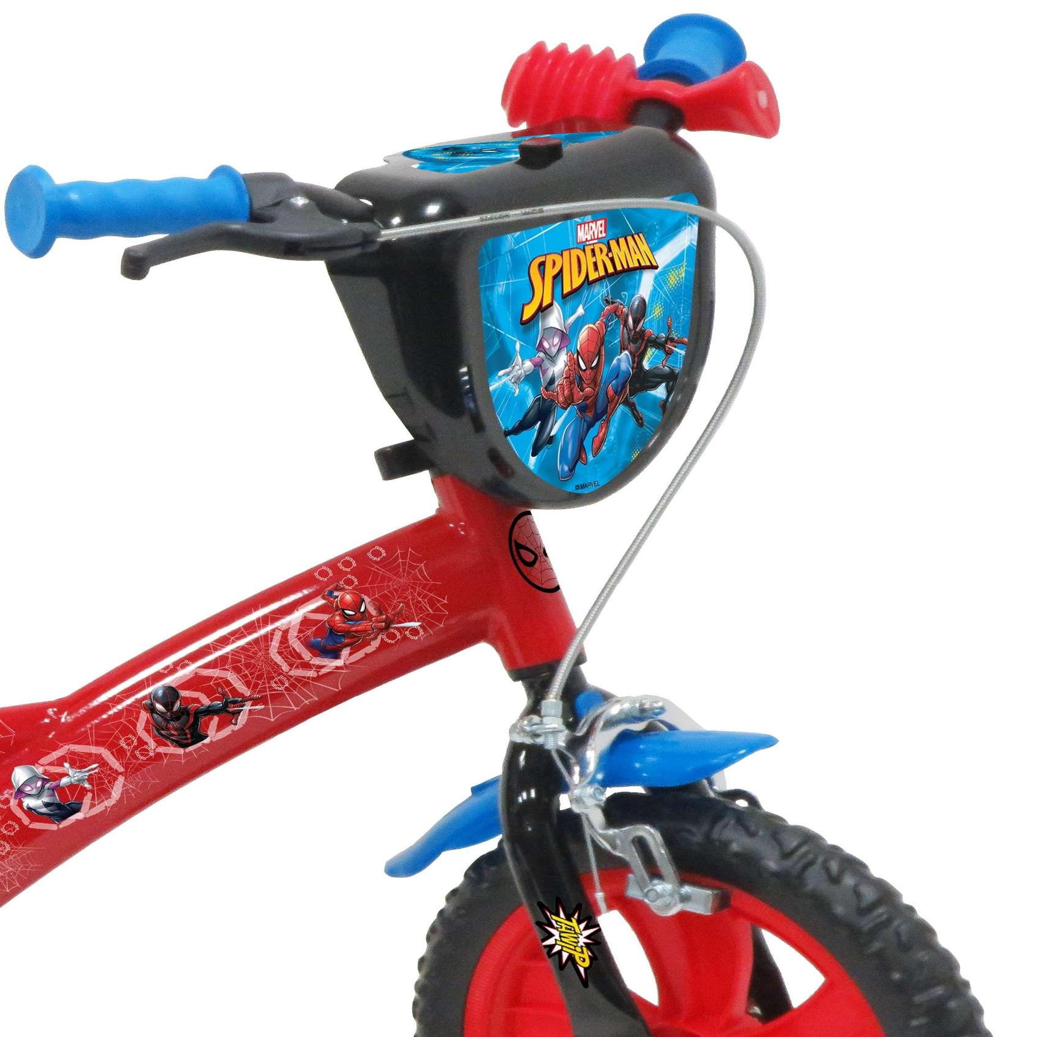 Voir la diapositive 4 : Marvel Vélo enfant 12'' - Modèle Spiderman pour enfant de 85 à 100 cm avec stabilisateurs à molettes - Plaque décorative avant - Porte bidon - 1 frein et roues bâtons