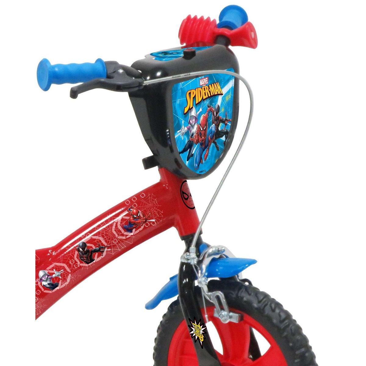 Marvel Vélo enfant 12'' - Modèle Spiderman pour enfant de 85 à 100 cm avec stabilisateurs à molettes - Plaque décorative avant - Porte bidon - 1 frein et roues bâtons