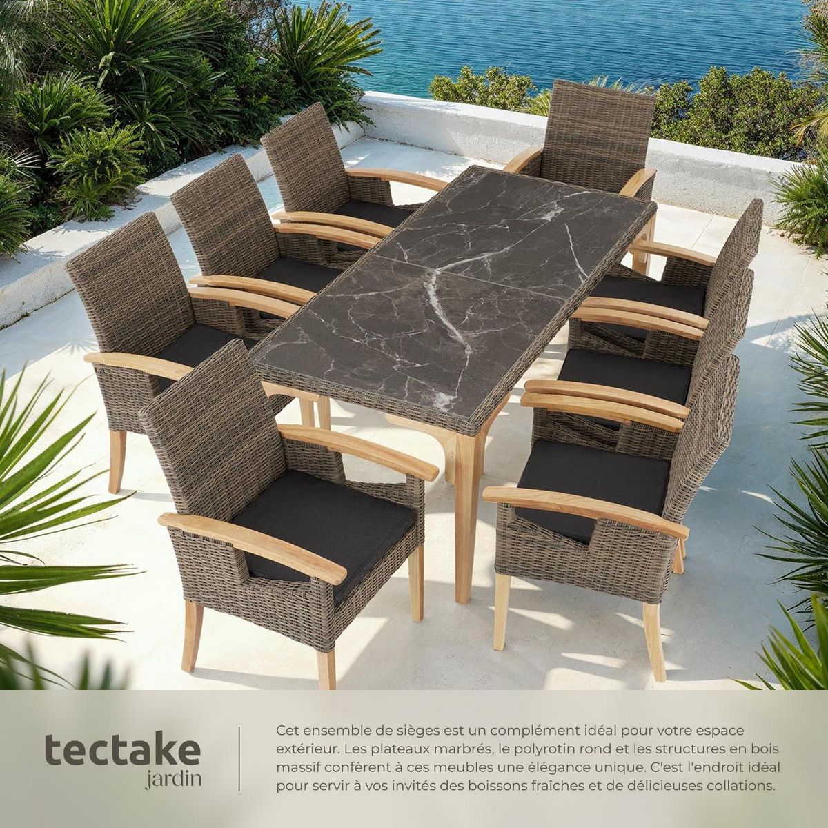 tectake Ensemble table en rotin avec 8 chaises avec cadre robuste marron naturel