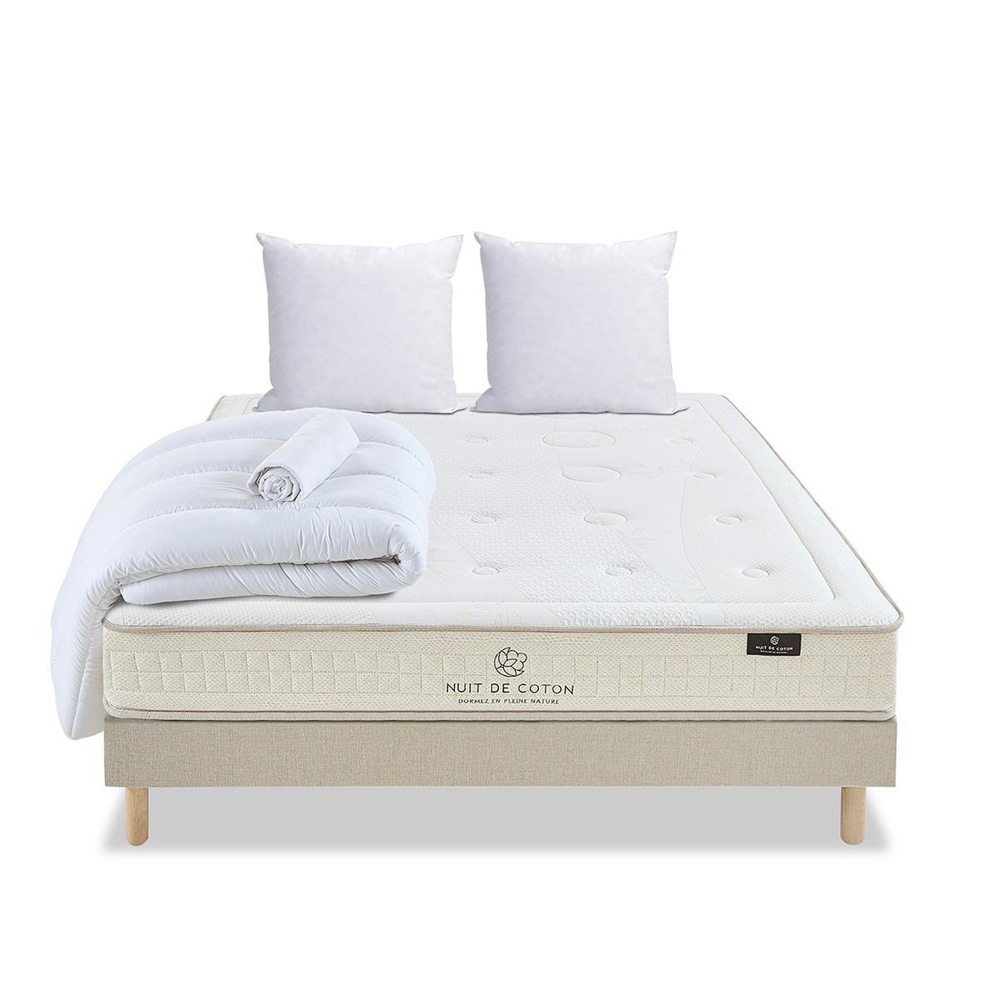 Voir la diapositive 1 : NUIT DE COTON Nuit de coton | pack prêt à dormir prelude 2.0 | matelas latex + sommier + accessoires