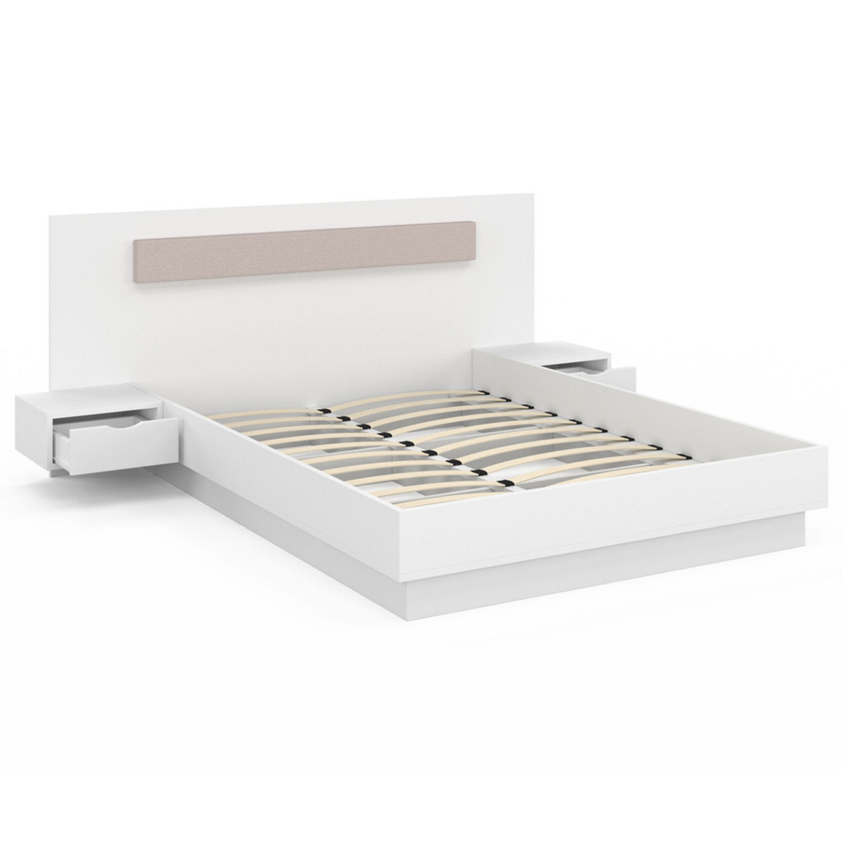 ID MARKET Lit double SANTA avec tête de lit + tables de chevet intégrées et sommier 140 x 190 cm blanc