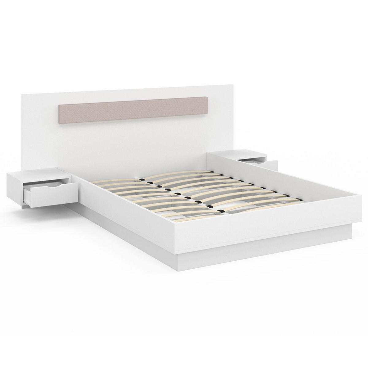 ID MARKET Lit double SANTA avec tête de lit + tables de chevet intégrées et sommier 140 x 190 cm blanc