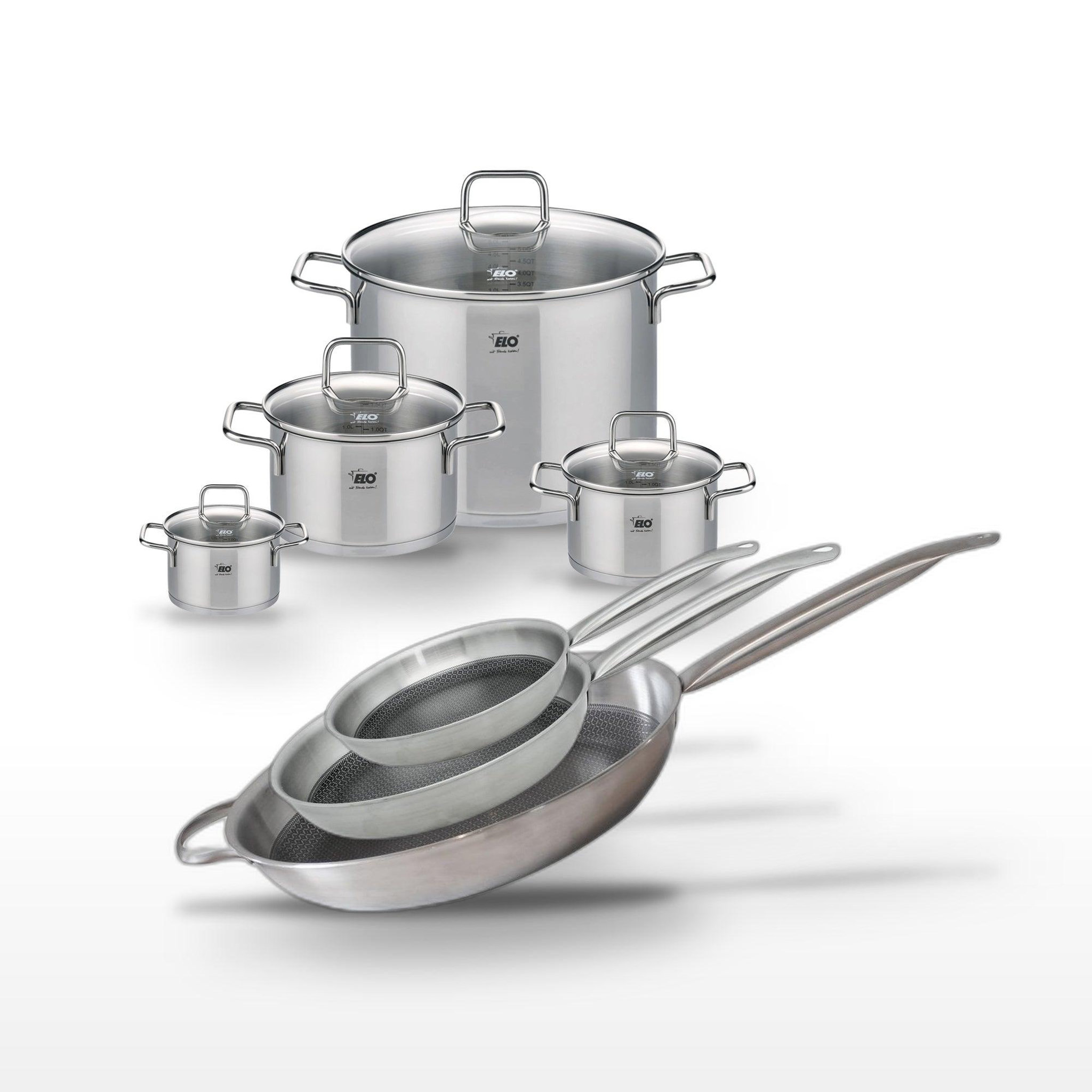 ELO Batterie de cuisine avec 3 poêles de 24/28/32 cm et 4 faitouts de 12/16/20/26 cm sans pfas elo collection relief solution citrin