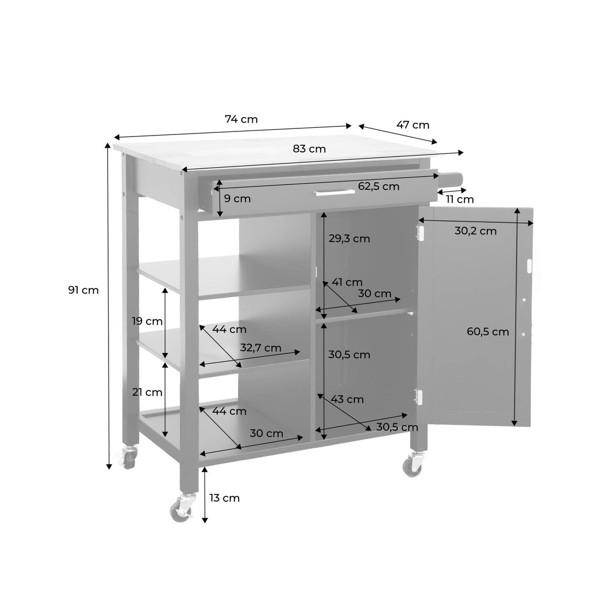 SWEEEK Desserte de cuisine BENDOR plateau en bois d'hévéa, 83 x 47 x 91 cm, 1 poignée, 4 roues, 1 tiroir, 5 étagères, 1 porte, style contemporain