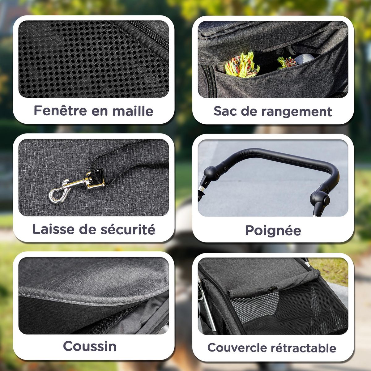 PAWHUT Poussette buggy chien 4 roues pliable - nombreux équipements - alu oxford gris