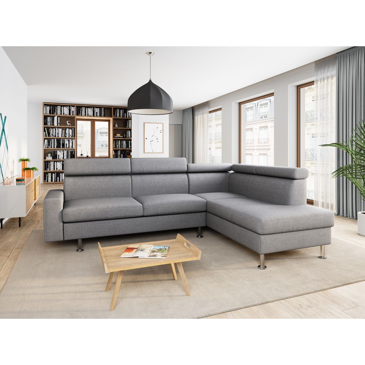 Canapé d'angle 4-5 places fixe avec LED -TOMY- Tissu gris chiné clair - Angle droit