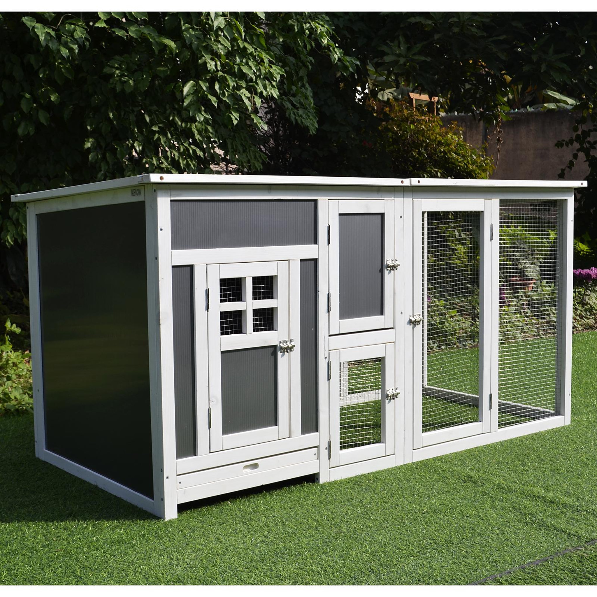 Voir la diapositive 4 : PAWHUT Poulailler multi-équipements niche toit ouvrant perchoir pondoir enclos tiroir à déjection 160L x 75l x 80H cm bois massif pin gris blanc