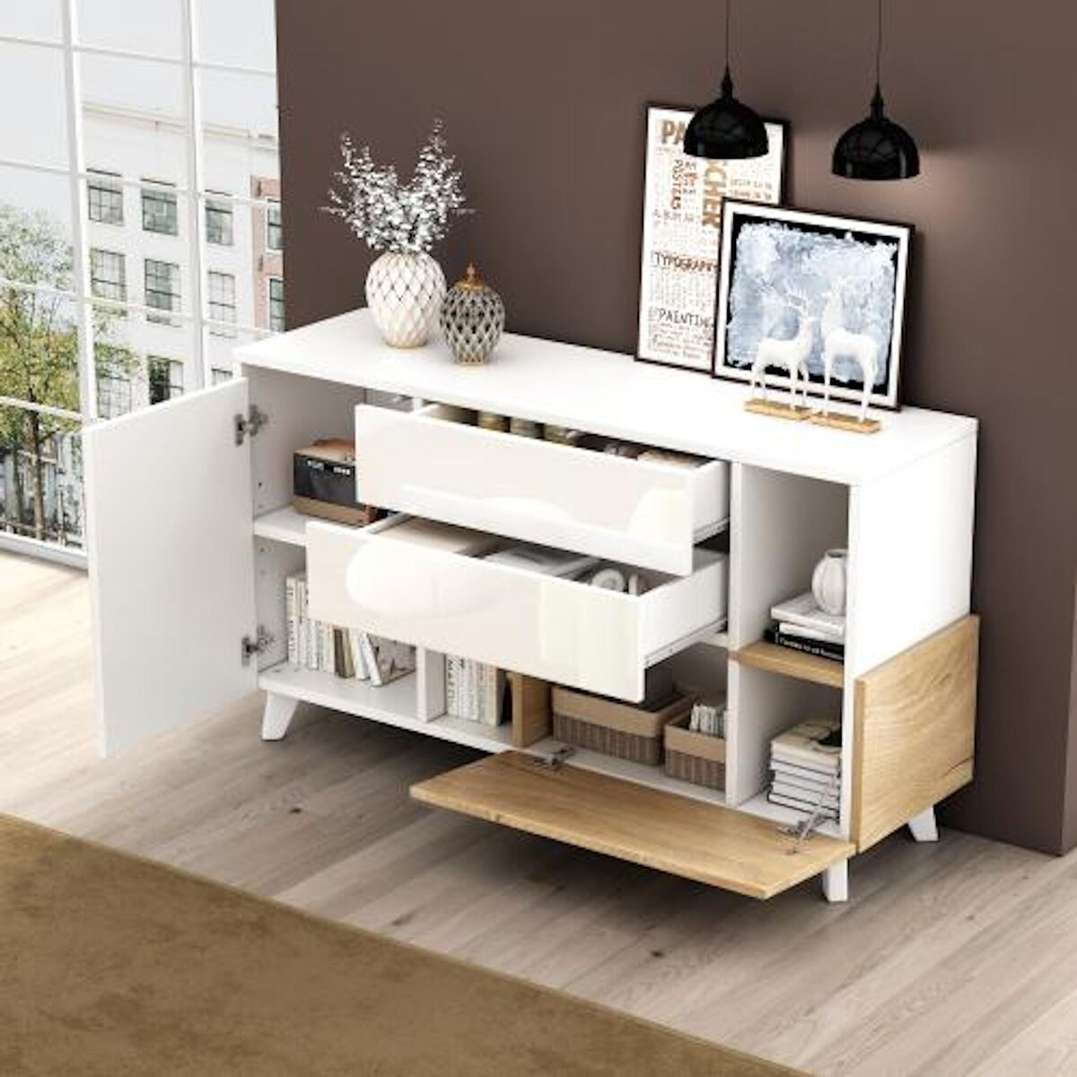 MERAX Buffet 2 porte(s) 2 tiroir(s) - 130 cm blanc+naturel panneau de particules