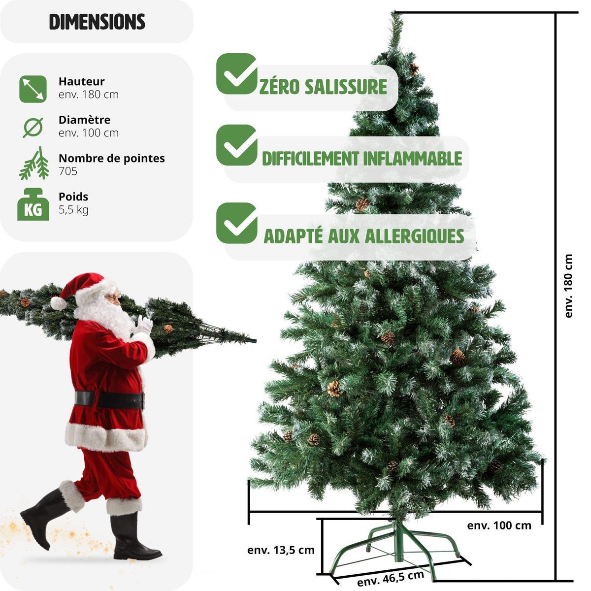 tectake Sapin de Noël artificiel 180 cm avec pommes de pin vert