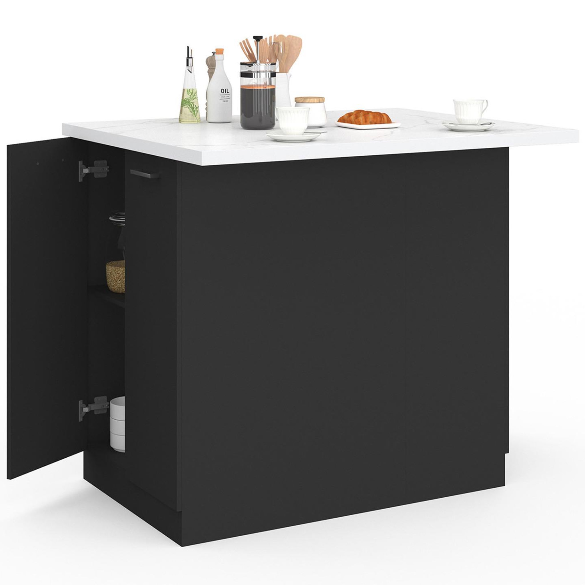 Voir la diapositive 4 : ID MARKET Ilot central ivo 100 cm bois noir avec plan de travail effet marbre alaska