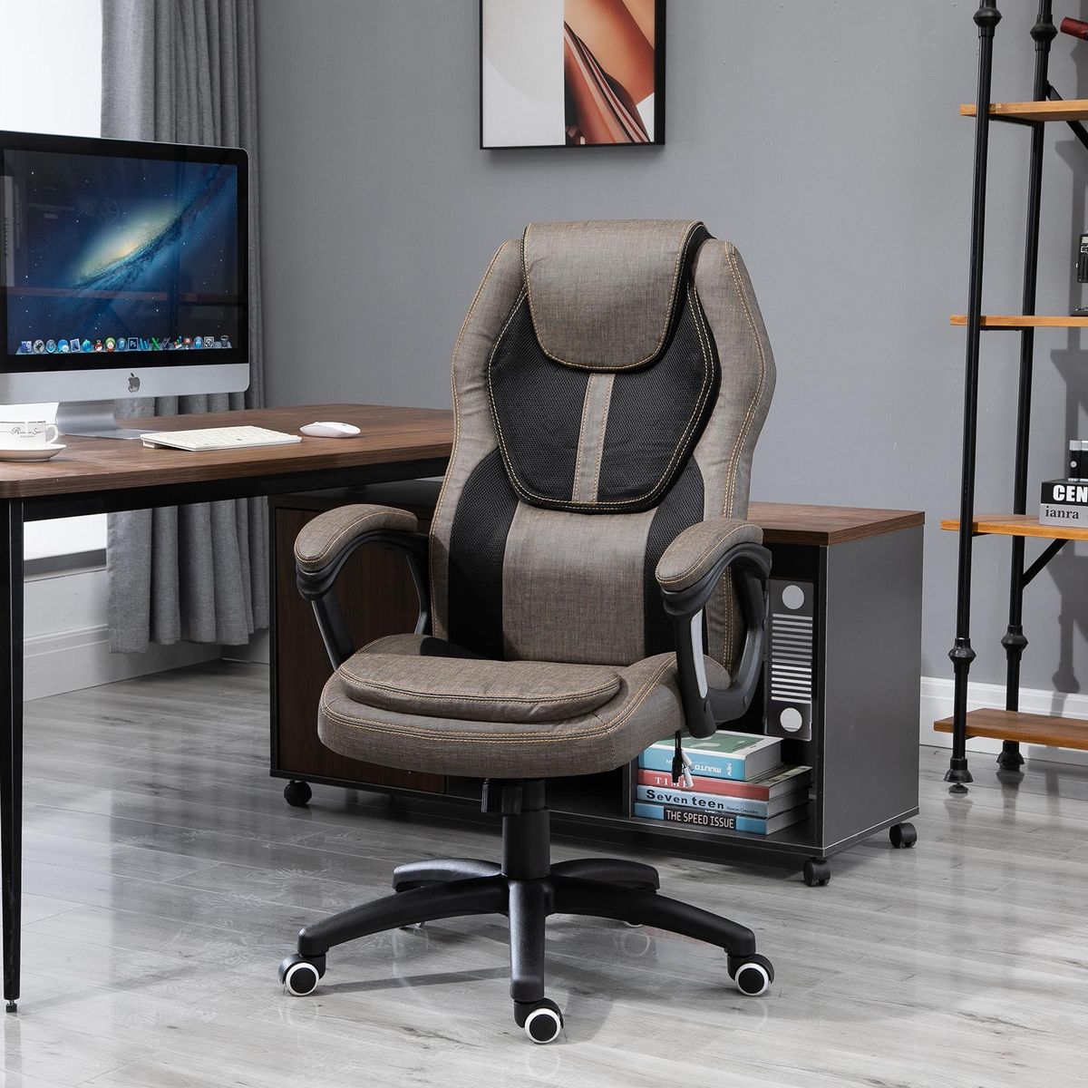HOMCOM HOMCOM Fauteuil de bureau manager massant hauteur réglable pivotant 360° polyester PU gris brun surpiqûre orange