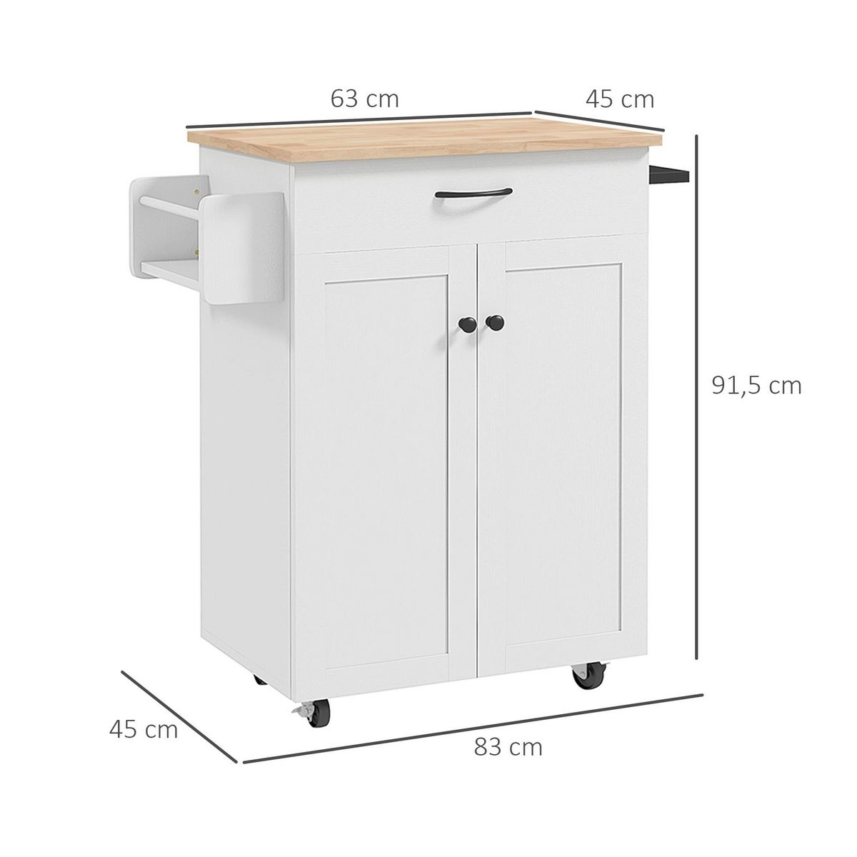 HOMCOM Desserte de cuisine - tiroir, 2 portes, étagère, porte-épices - MDF blanc plateau bois hévéa verni