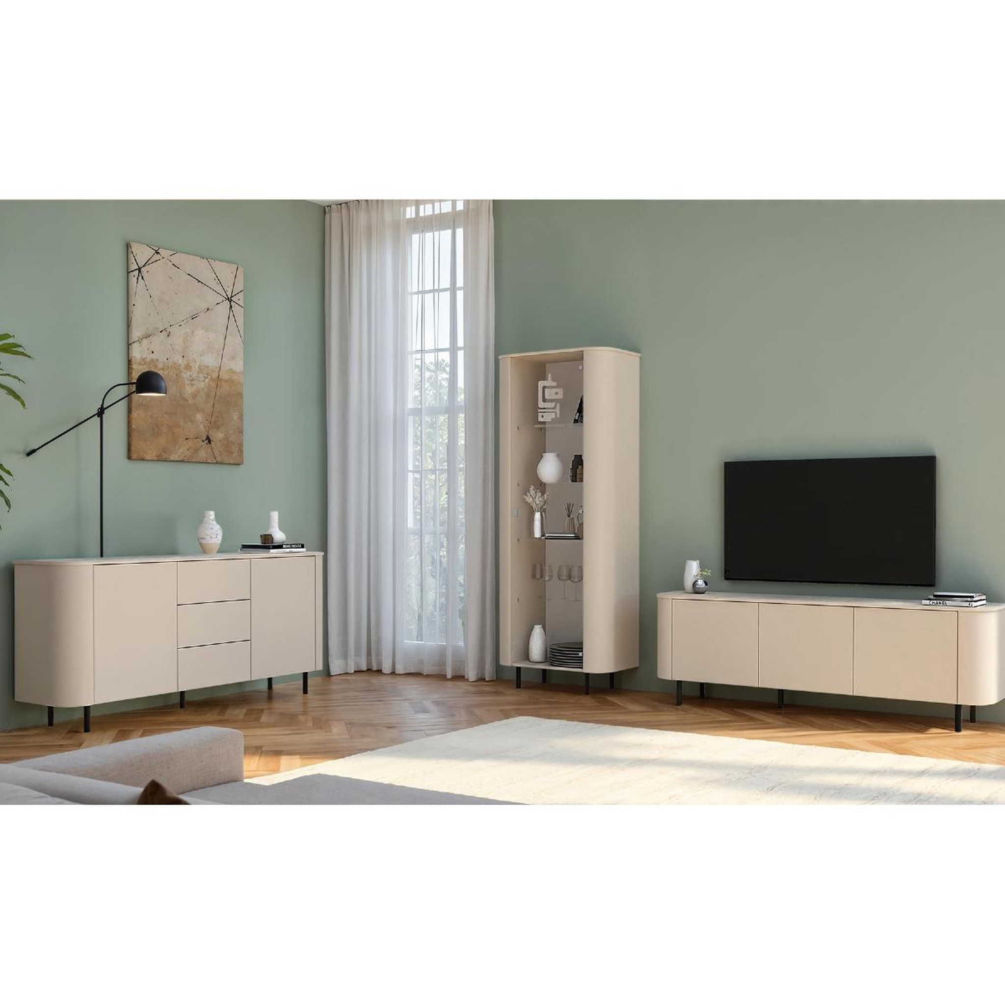 Voir la diapositive 4 : JLC KREATION Vitrine moderne 1 porte beige cachemire bord arrondi olga