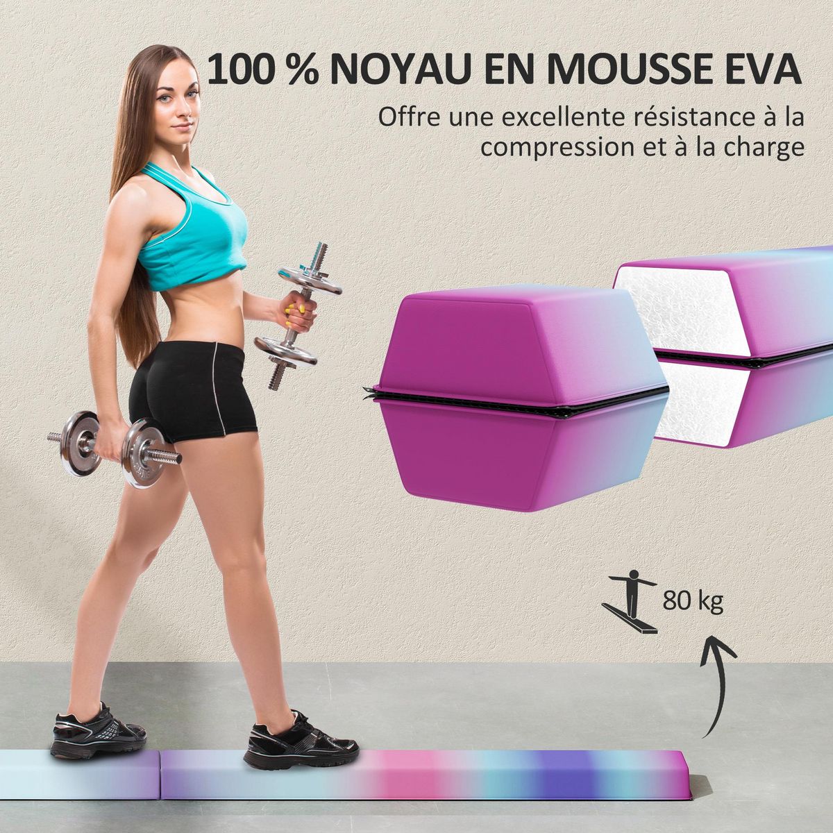 HOMCOM Poutre gymnastique pliable 236 cm - poutre d'équilibre antidérapante - revêtement PVC multicolore