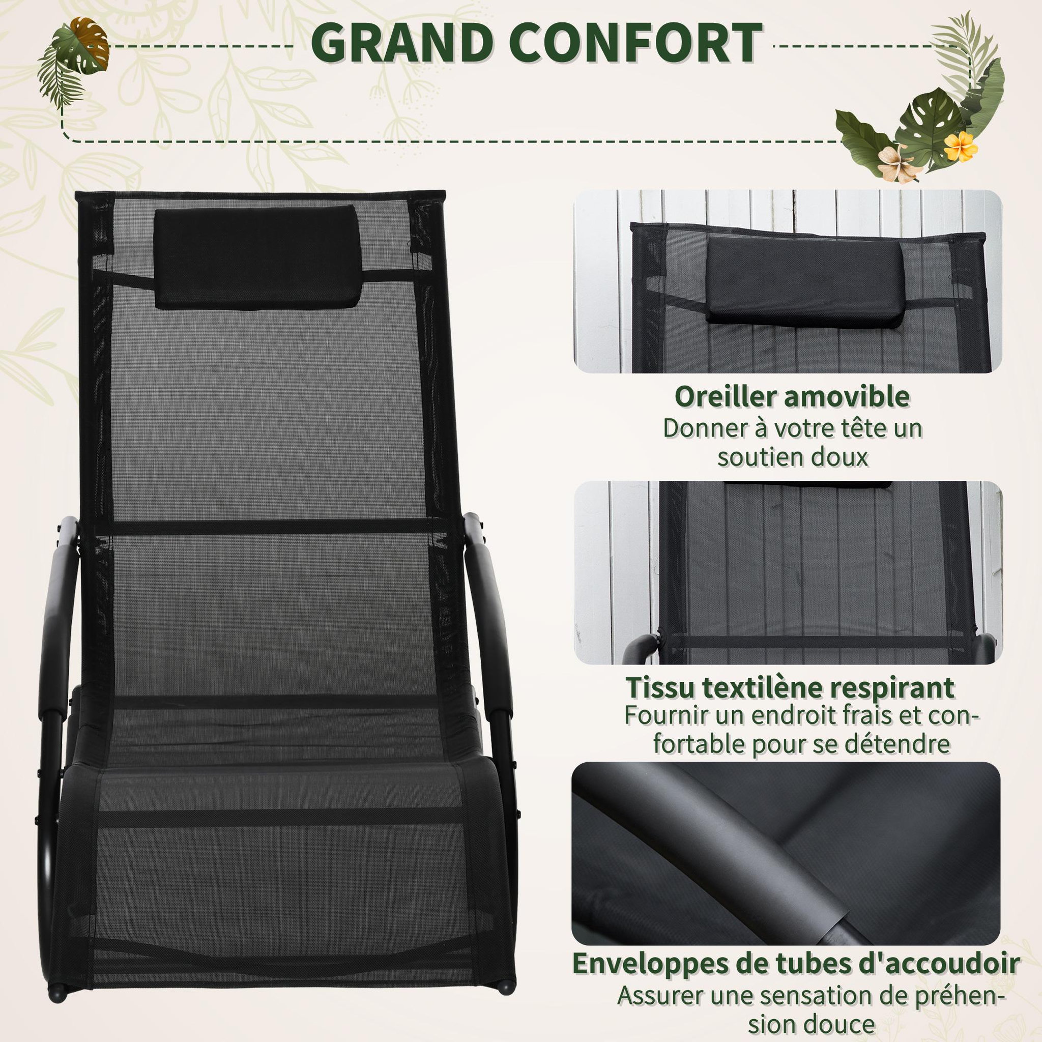 Voir la diapositive 5 : OUTSUNNY Chaise longue à bascule - rocking chair design - tétière, accoudoirs, assise dossier ergonomique - métal époxy textilène noir