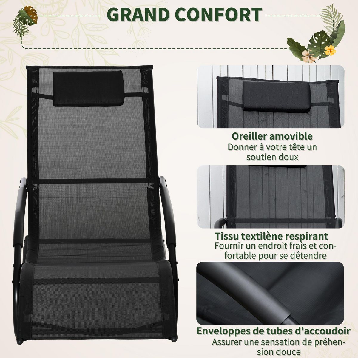 OUTSUNNY Chaise longue à bascule - rocking chair design - tétière, accoudoirs, assise dossier ergonomique - métal époxy textilène noir