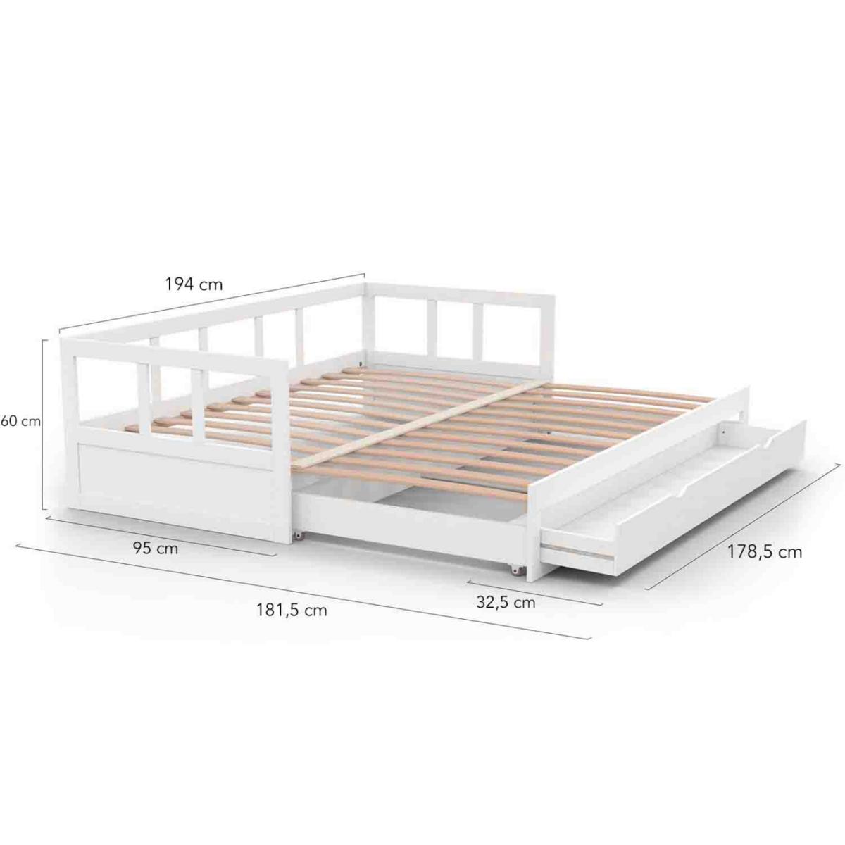 ID MARKET Lit banquette 90 x 190 cm ZOYA convertible 180 x 190 cm blanc avec 1 tiroir de rangement