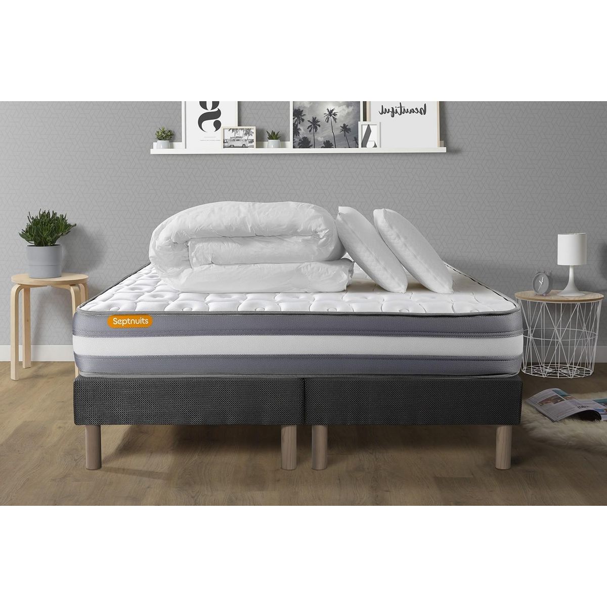 SEPTNUITS PACK matelas + double sommier gris Memo Plus Mémoire de forme 3 zones + 2 oreillers + couette