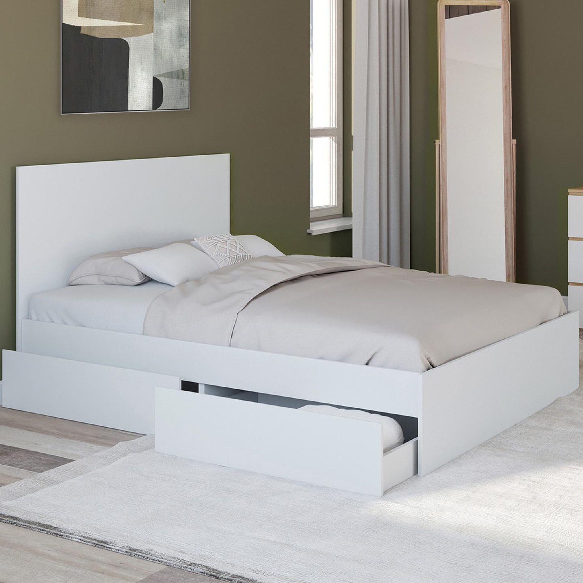 Voir la diapositive 2 : ID MARKET Lit double omaha 4 tiroirs sur roulettes avec tête de lit et sommier 140 x 190 cm blanc
