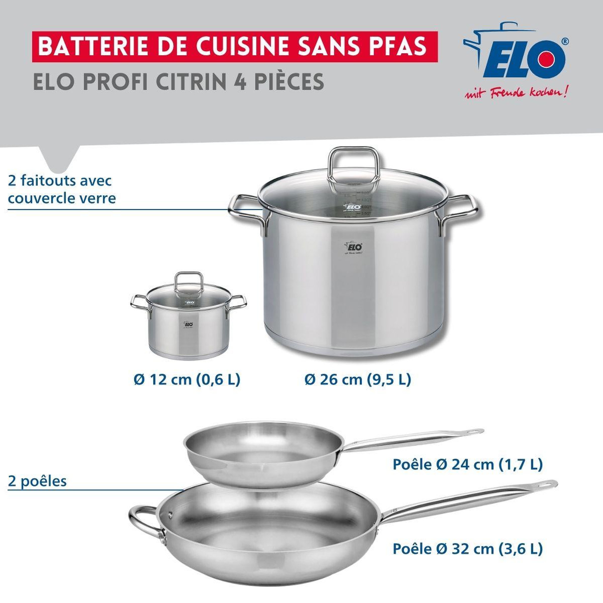 Voir la diapositive 2 : ELO Ensemble de 2 poêles de cuisson 24 et 32 cm et 2 faitouts 12 et 26 cm elo profi citrin