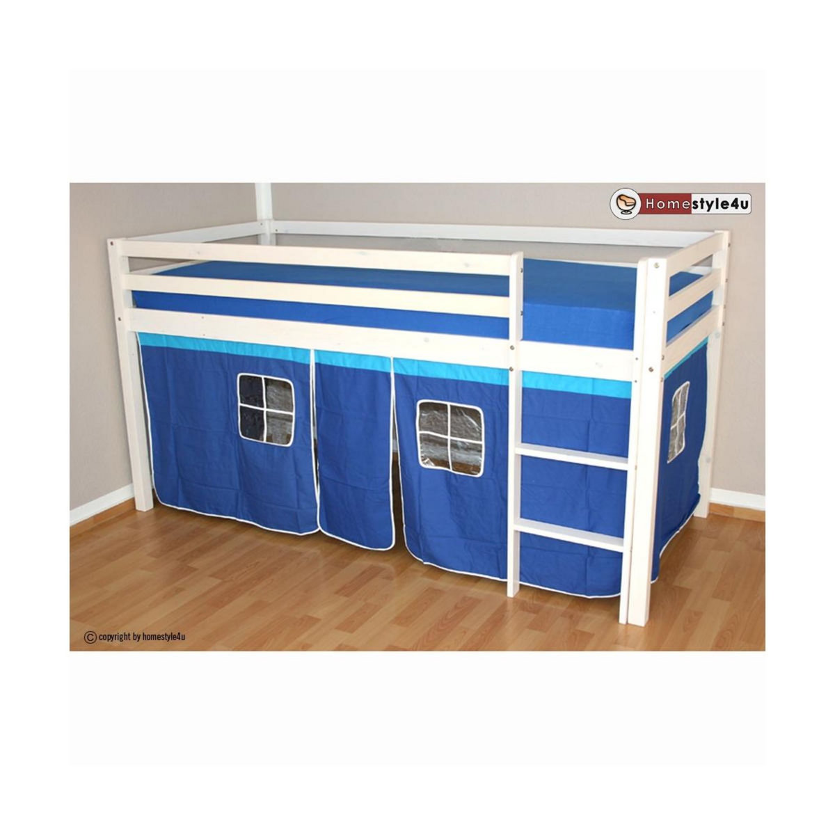 HomeStyle4U Lit Simple Blanc 90x200 en hauteur avec echelle et rideau bleu